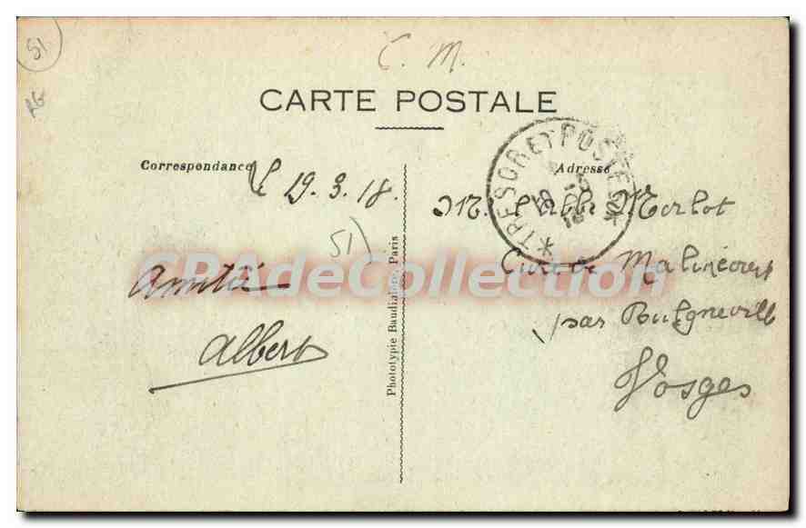Frignicourt (Marne) — Rue du Coton et l'Église — Bombardé et incendié du 6 au 12 Septembre 1914 — V. Laporte, Villy-le-Franc — Rückseite