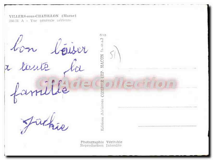 Villers-sous-Châtillon — Vue générale aérienne — Éditions Aériennes Combier, Imp. Macon — Verso