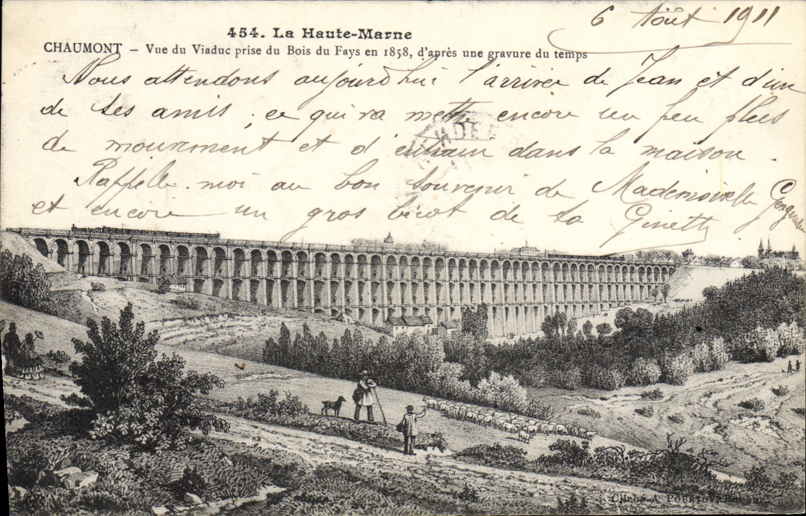 Chaumont — Vue du Viaduc prise du Bois du Fays en 1858, d'après une gravure du temps — Cliché A. Poulenc