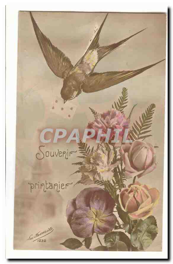 CPA Souvenir printanier Hirondelle Rose