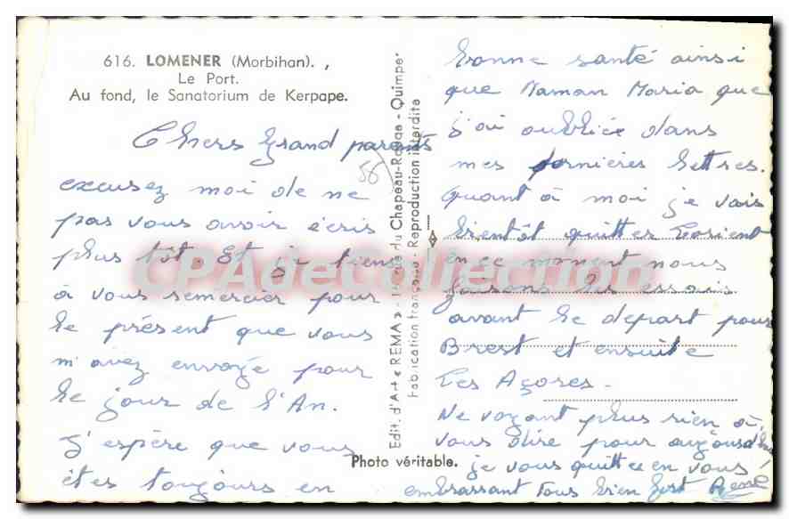 Hafen von Lomener (Morbihan) — Fischer und Kinder am Kai — Verleger RÉMA, Nr. 616 — Rückseite