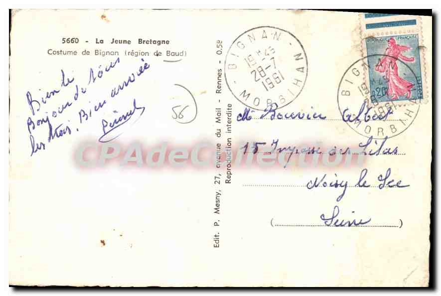 CPA Baud La Jeune Bretagne Costume De Bignan — Rückseite