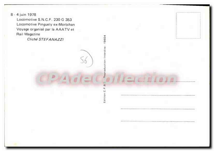 Locomotive S.N.C.F. 230.G.353 — Pinguely ex-Morbihan — Edition C.F.B. n° 19604 — Reverso