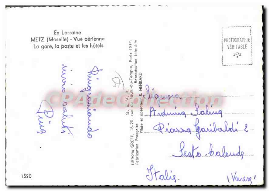 CPSM Metz Vue Aerienne La Gare La Poste Et Les Hotels — Verso