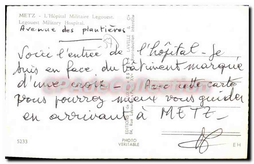 Hôpital Militaire Legouest — Metz — Éditeur Estel, n°5233 — Rückseite