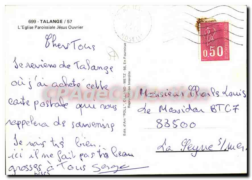 CPSM Talange L'Eglise Paroissiale Jesus Ouvrier — Back