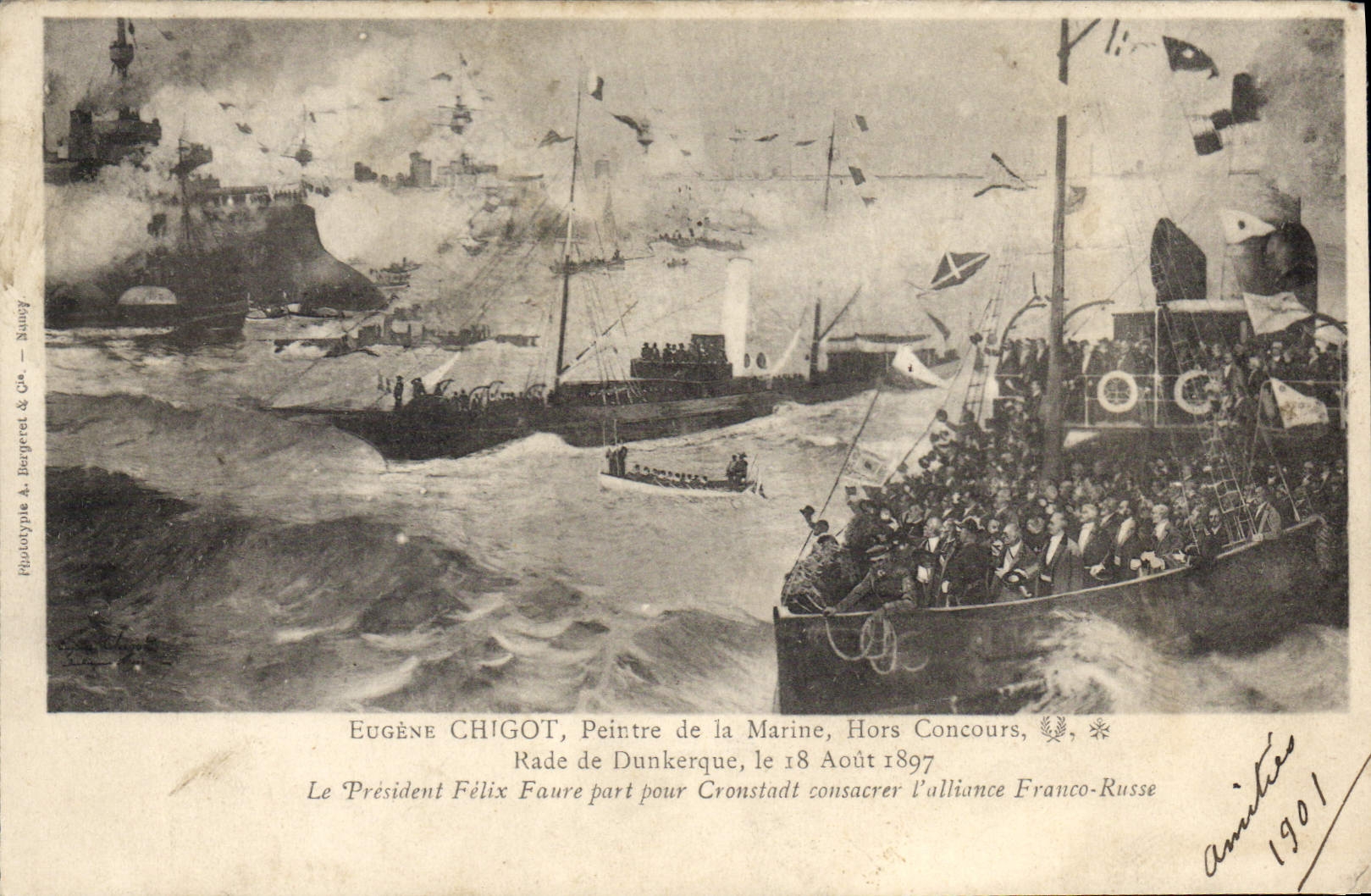 Le Président Félix Faure part pour Cronstadt consacrer l'alliance Franco-Russe — Rade de Dunkerque, 18 août 1897 — Eugène Chigot, phototypie H. Bergeret & Cie, Nancy