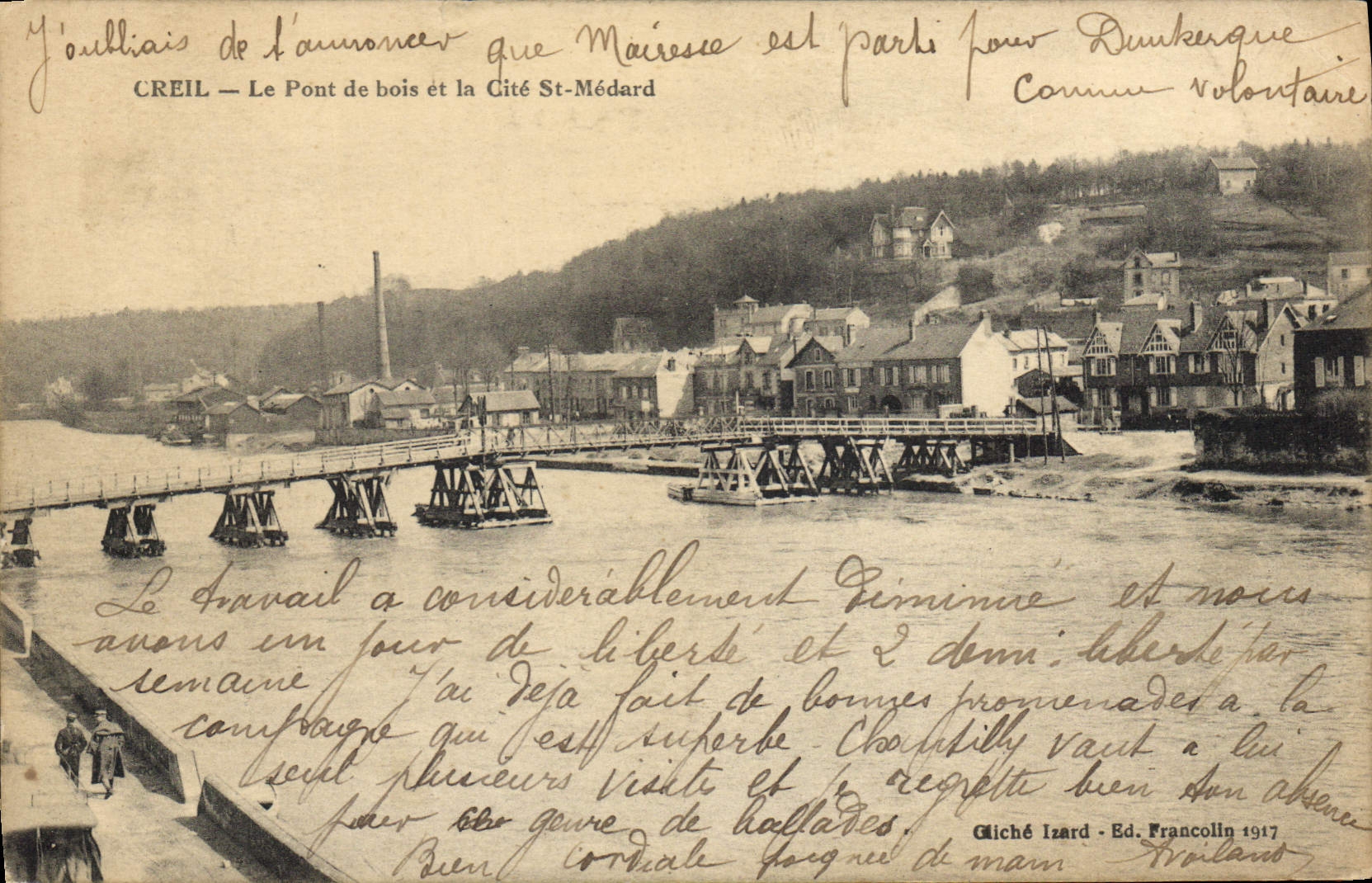 Creil — Le Pont de bois et la Cité St-Médard — cliché Izard, Ed. Francollin 1917