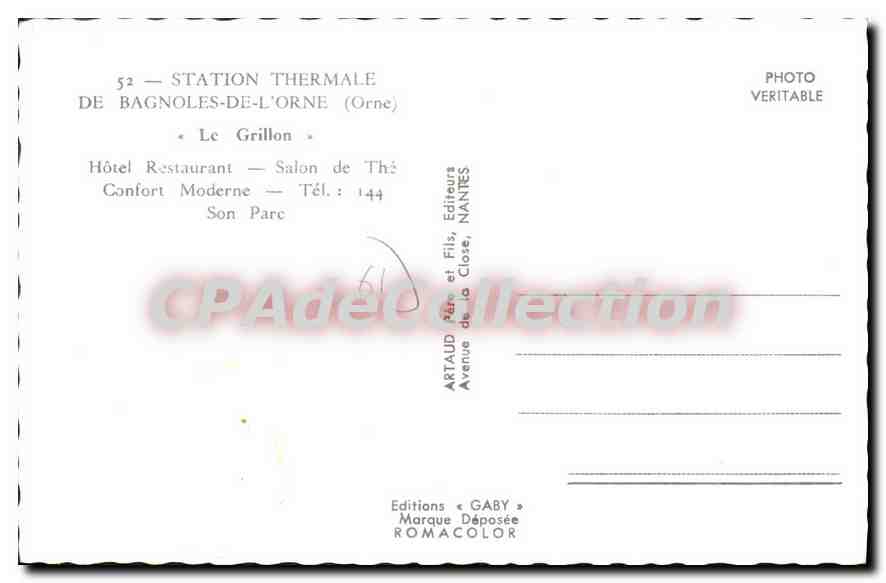 CPA Bagnoles De I'Orne Le Grillon hôtel restaurant — Verso