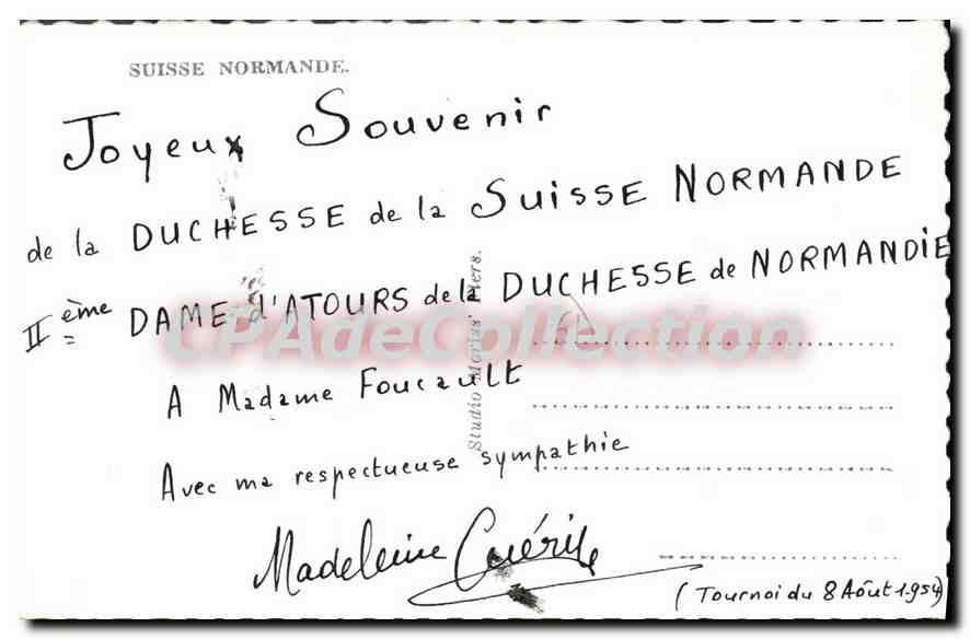 CPA Suisse Normande Miss FLERS 8 août 1954 autographe — Rückseite