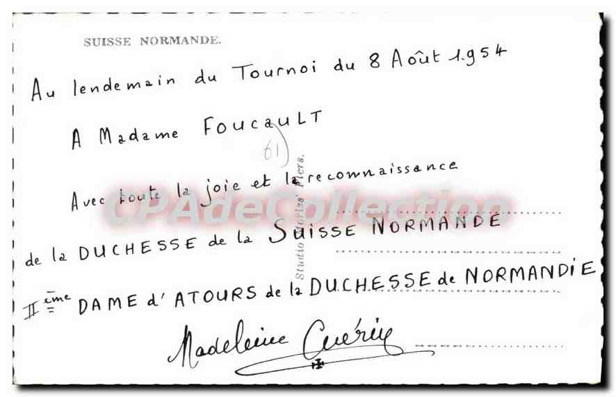 CPA Suisse Normande Miss FLERS 8 août 1954 autographe — Rückseite