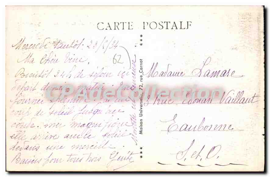 Berck-Plage — Arrivée à l'Esplanade par la Rue de la Mer — éditeur inconnu, n° de série non visible — Verso