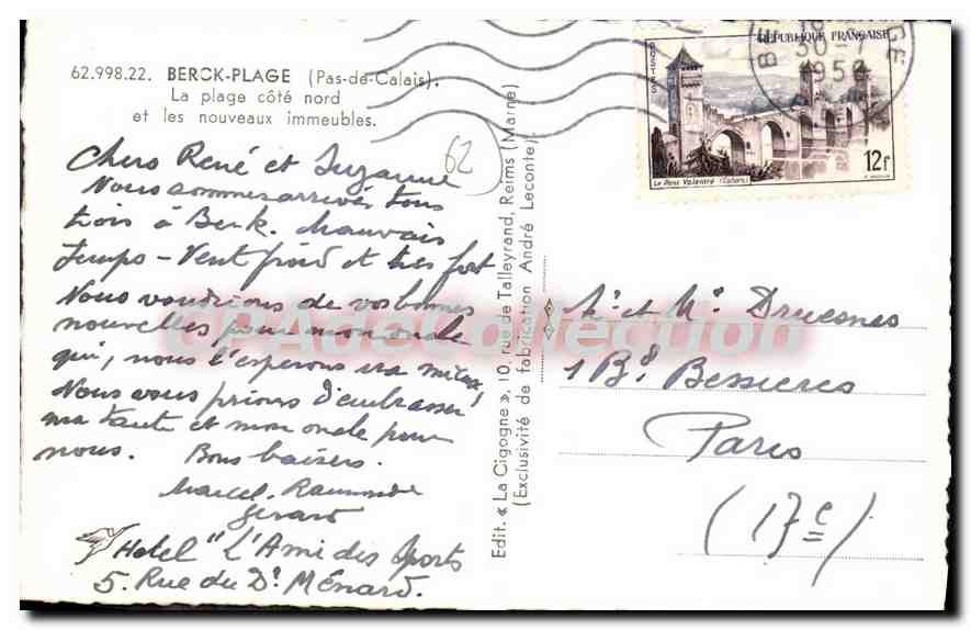 La plage côté nord à Berck — éditeur La Cigogne, n° 62.998.22 — Verso