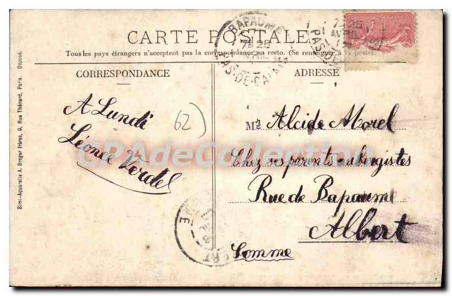 CPA Bapaume Hotel De Ville — Rückseite