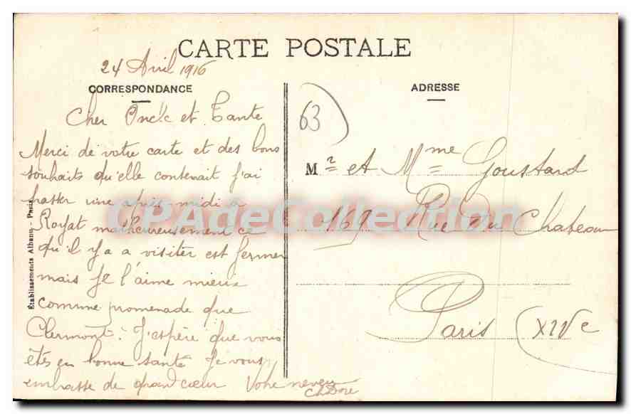 Vue panoramique sur Royat-les-Bains et Clermont-Ferrand — E. A. — n° 1272 — Verso