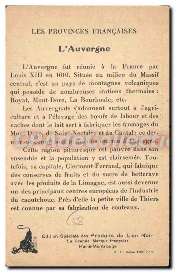 Auvergne — Les Provinces Françaises — Édition Spéciale des Produits du Lion Noir — Reverso