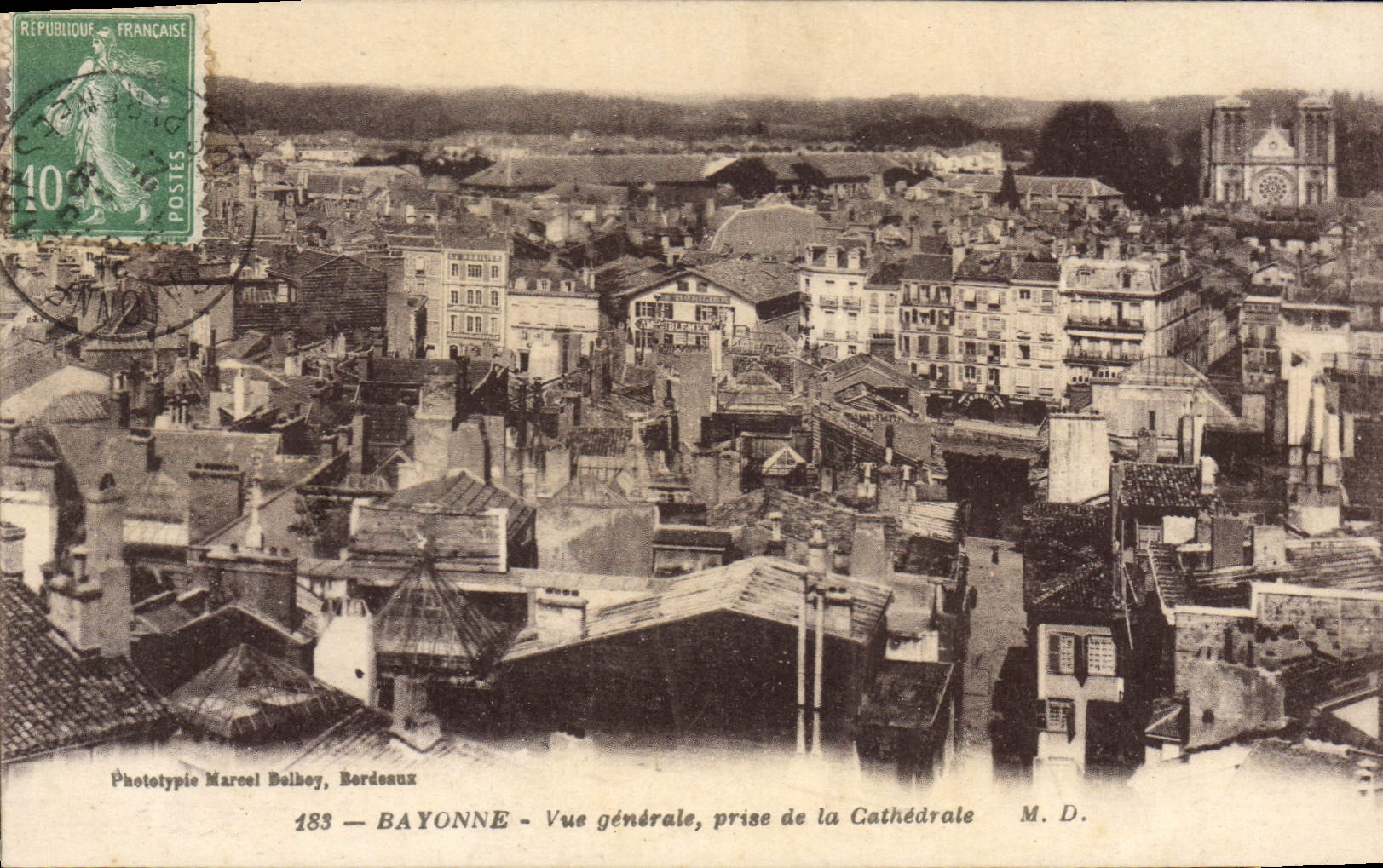 Bayonne — Vista general tomada desde la Catedral — Fototipia Marcel Belhey, Burdeos, n° 183