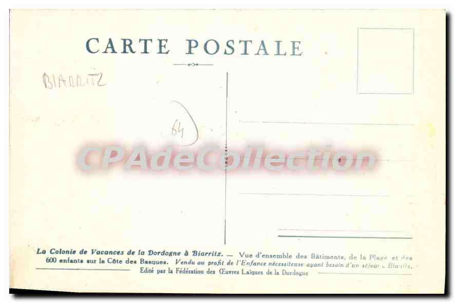 CPA Biarritz colonie de vacances de la Dordogne dessin P Verdier — Rückseite