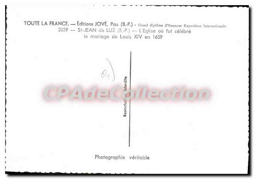 Chiesa di San Giovanni di Luz — Editore JOVÉ, Pau — N° 64 — Verso