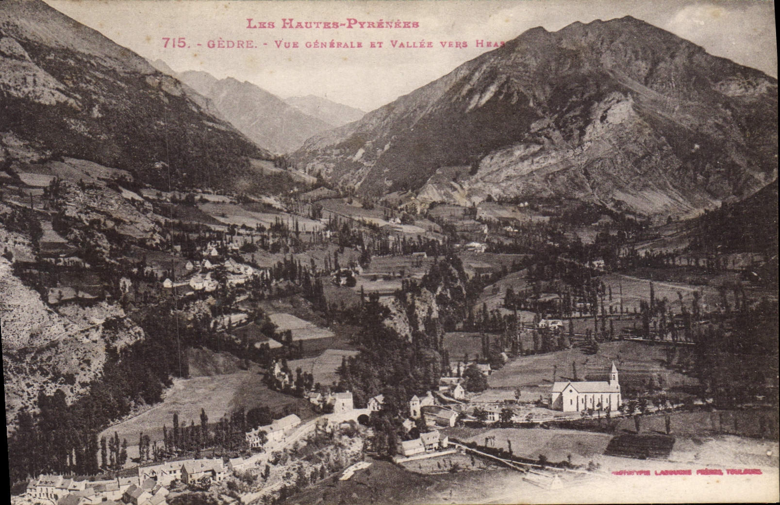 Gèdre — Vue générale et vallée vers Hras — Éditeur Langueux, Toulouse