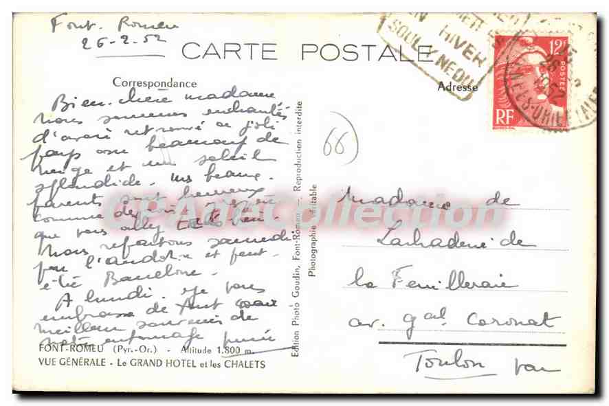 CPA Font Romeu Vue Generale Le Grand Hotel — Verso