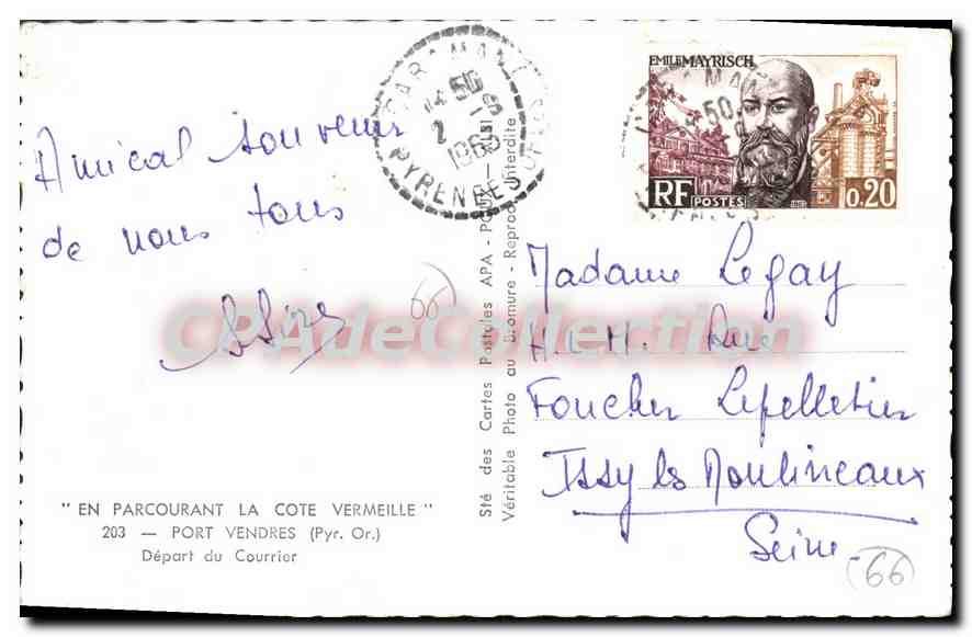 CPA Port VENDRES Depart Du Courrier — Verso