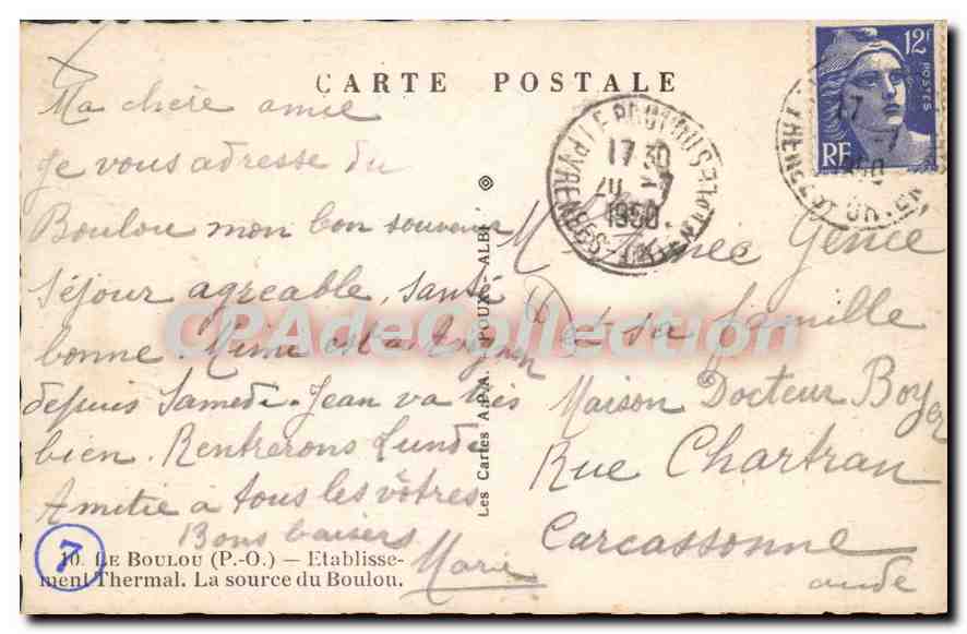 CPA Le Boulou Etablissement Thermal — Verso