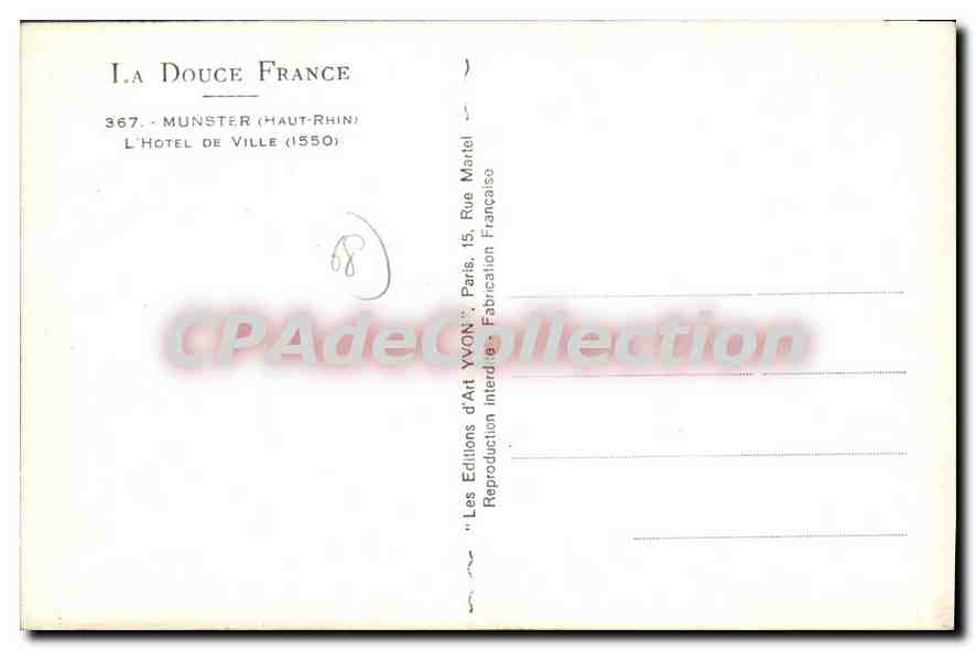 Munster (Haut-Rhin) — Hôtel de Ville et Hôtel-Restaurant de la Cigogne — Éditions d'Art Yvon, Paris — Verso