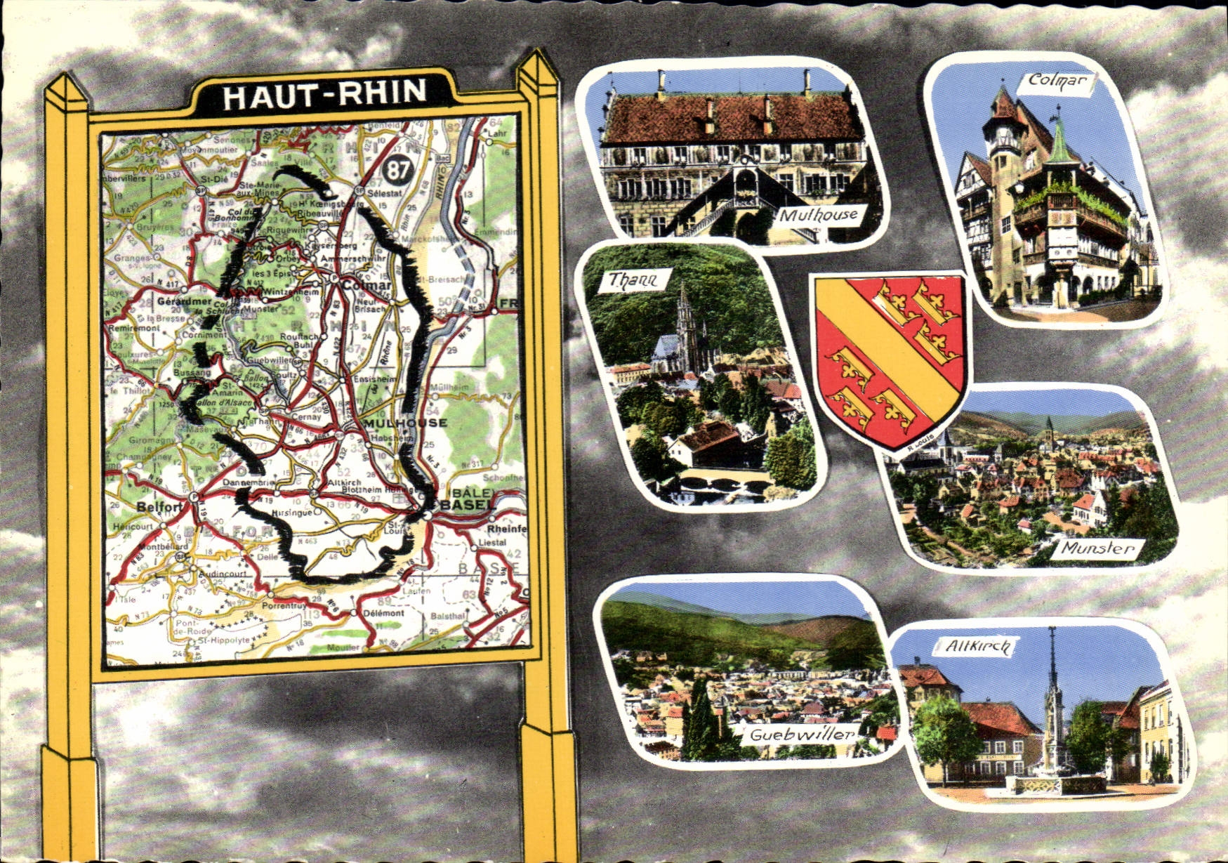 Haut-Rhin — Carte touristique avec vue de Mulhouse, Colmar, Thann, Munster, Guebwiller et Altkirch — Éditions La Cigale