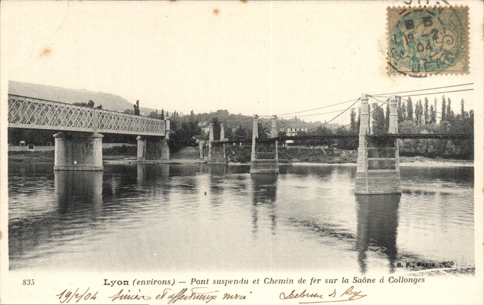 Lyon (Umgebung) — Hängebrücke und Eisenbahn über die Saône in Collonges — B. K. Paris, Nr. 835