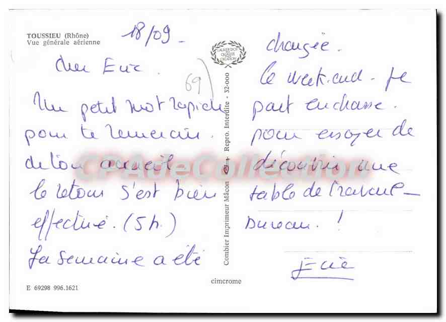 CPSM Toussieu Vue Generale Aerienne — Verso