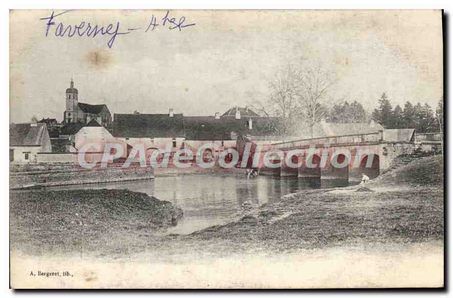 Faverney — vue du pont et de l'église — A. Bergeret, lith.