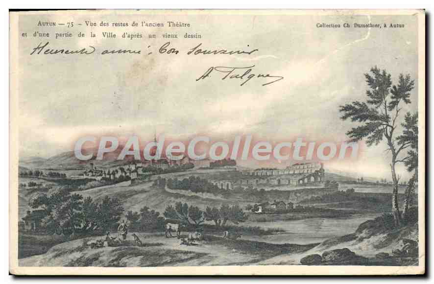 Autun — Ansicht der Ruinen des alten Theaters und eines Teils der Stadt nach einem alten Zeichnung — Sammlung Ch. Dumother, in Autun