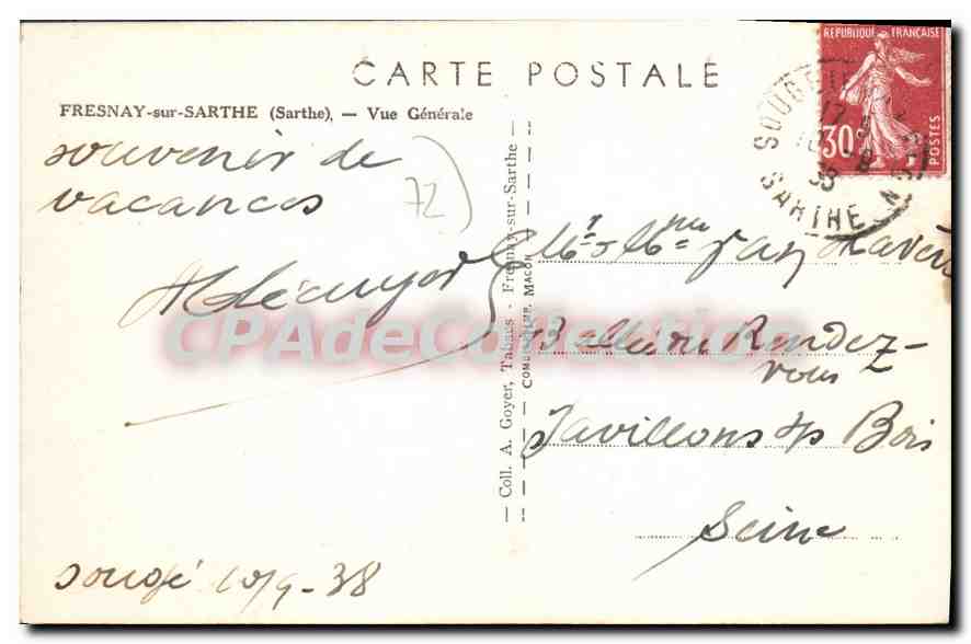 CPA Fresnay Sur Sarthe Vue Generale — Verso