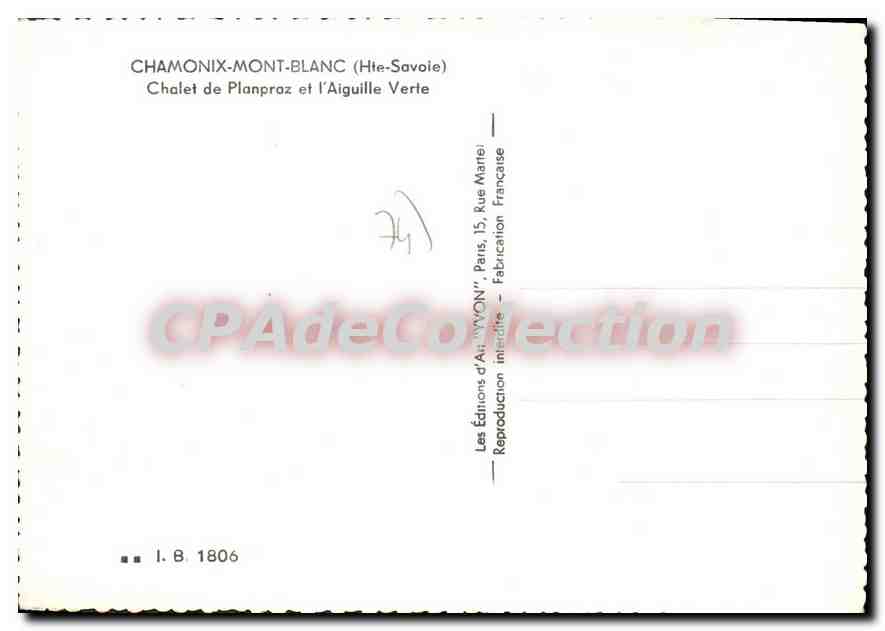 Chamonix-Mont-Blanc — Chalet de Planproz et l'Aiguille Verte — Éditions d'Art YVON — Verso