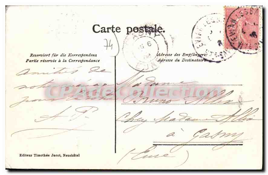 Evian-les-Bains — Souvenir — Éditeur Timothée Jacot, Neuchâtel — Verso