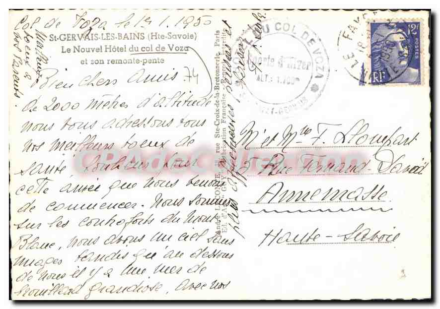 St-Gervais-les-Bains — El Nuevo Hotel del Col de Voza y su remontepente — Tarjeta postal antigua de Collection — Reverso