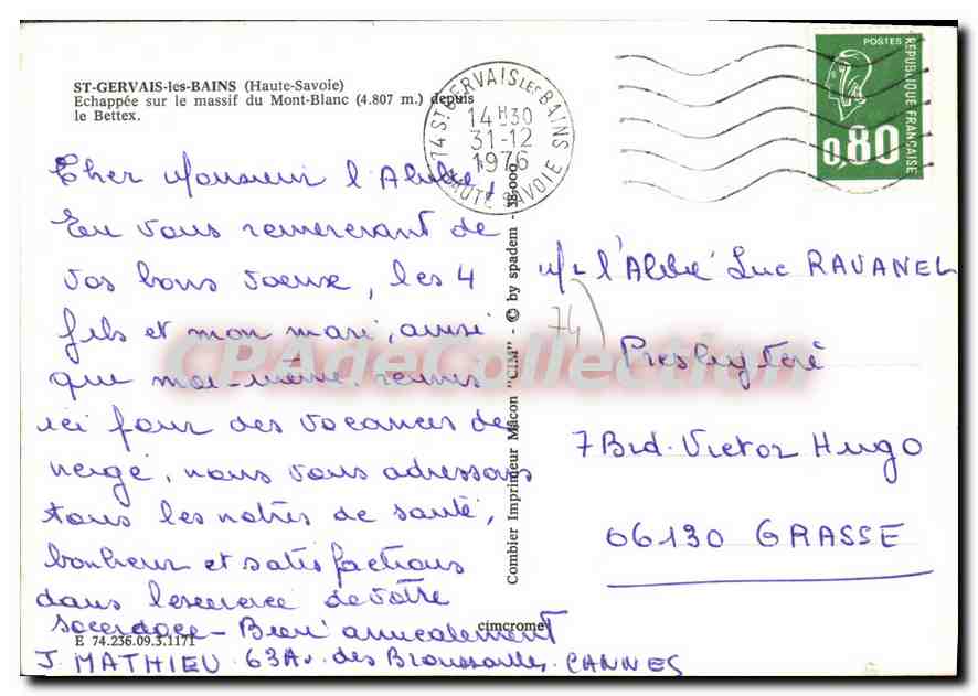 St-Gervais-les-Bains — estación de esquí al pie del Monte Blanco — Tarjeta postal antigua de Collection — Reverso