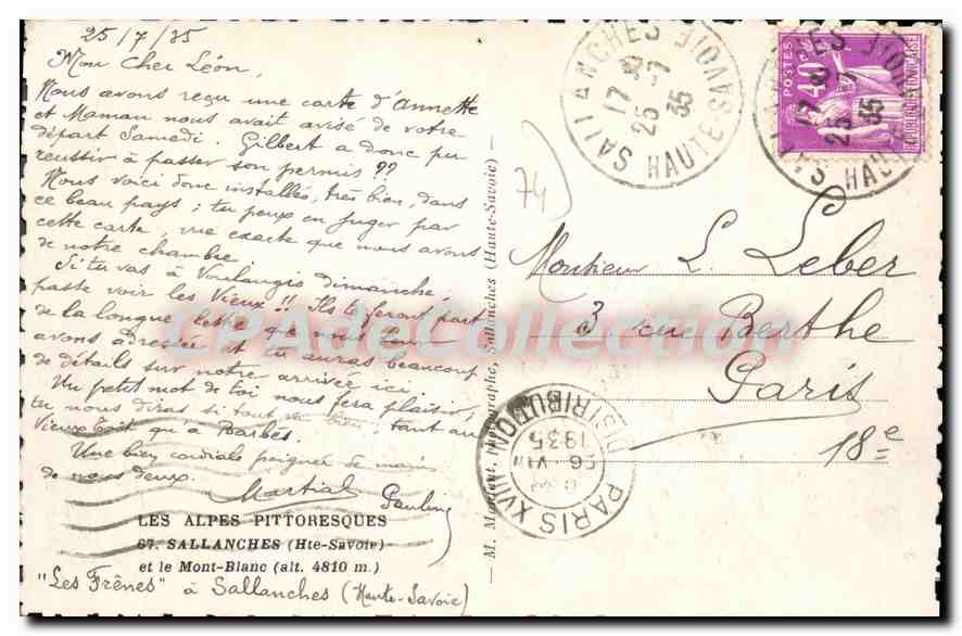 Les Frênes à Sallanches — Mont-Blanc en arrière-plan — M. Maret, photographe, Sallanches (Haute-Savoie) — Verso