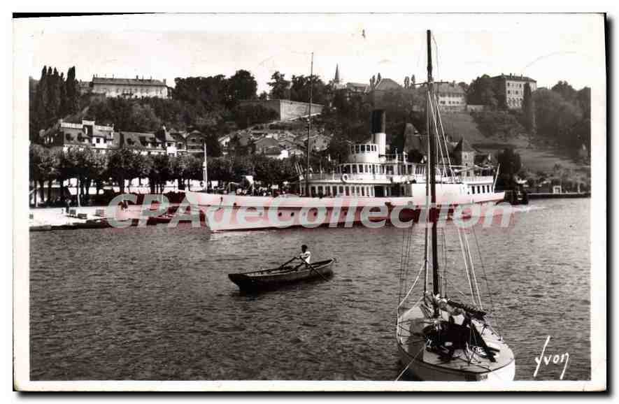 Thonon-les-Bains — vue du port avec vapeur et voilier — éditeur J. von