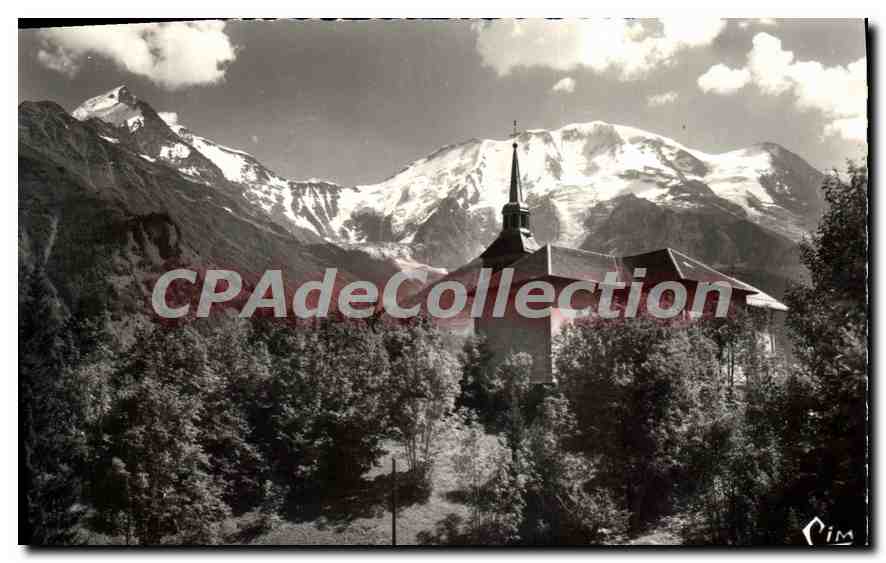 Église de Saint-Nicolas-de-Véroce — vue avec le Dôme de Miage en arrière-plan — Combière Imprimeur, 74