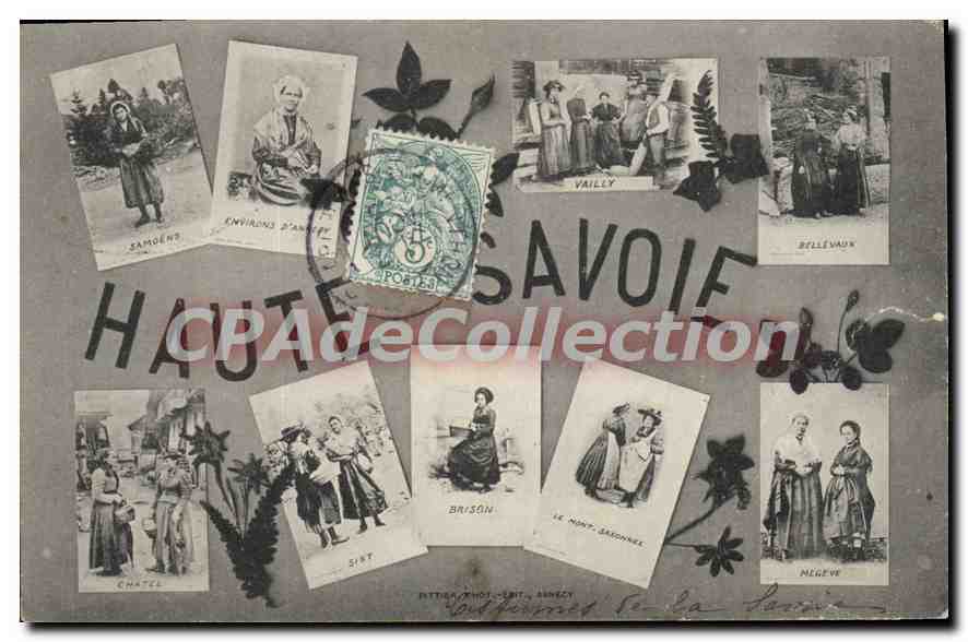 Alta Savoia — Cartolina decorativa con vignette di paesaggi e costumi locali — Editore: P. Thot-Libert, Annecy