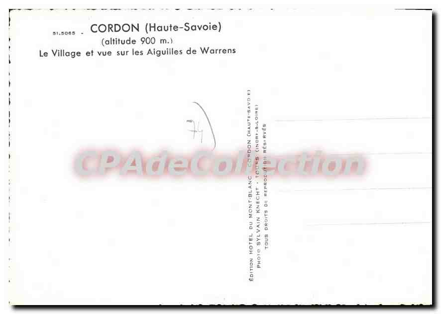 Cordon (Haute-Savoie) — Village et vue sur les Aiguilles de Warrens — Édition Hôtel du Mont-Blanc, Sylvain Knecht — Verso