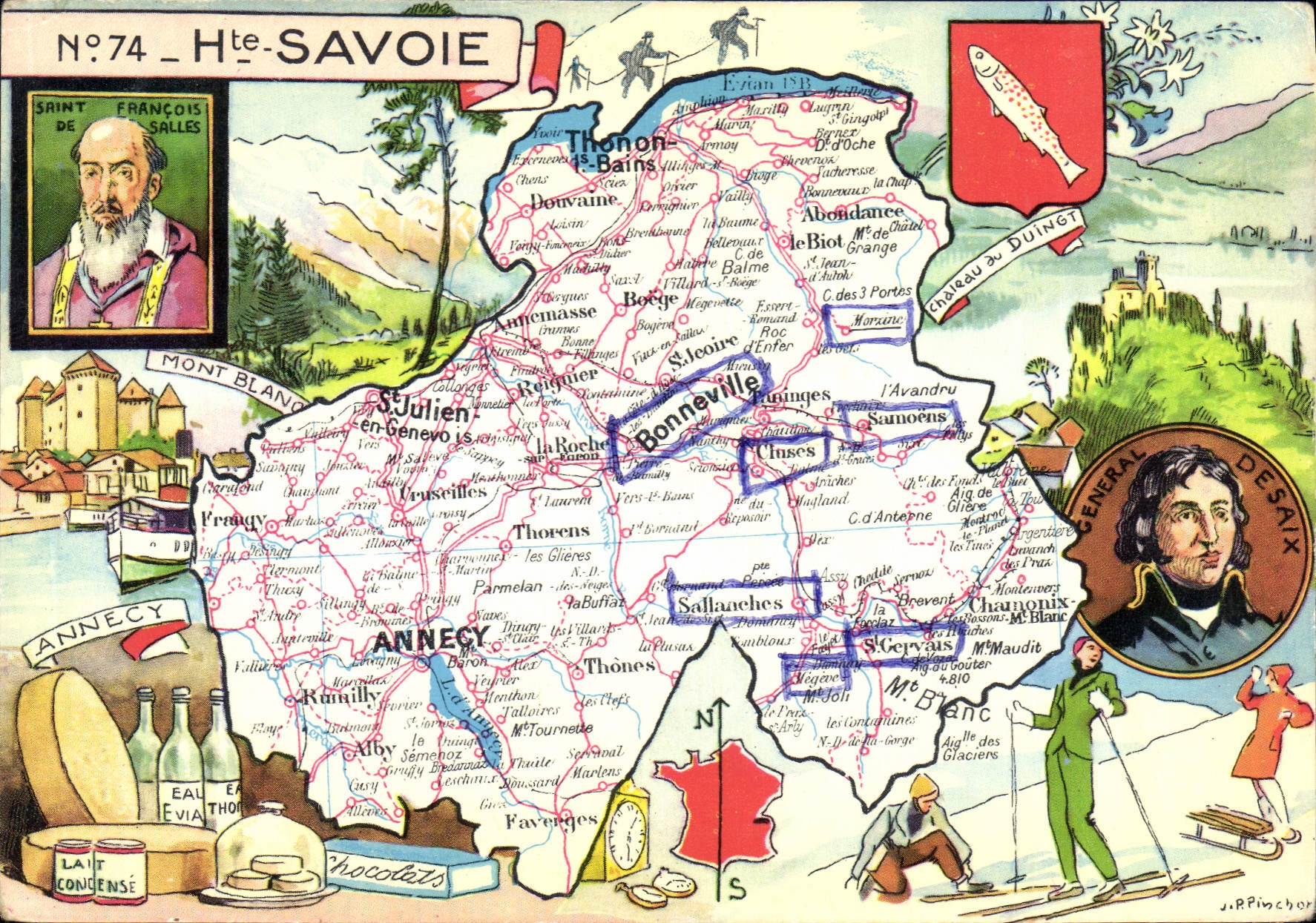 Haute-Savoie — Illustrierte Touristenkarte mit Porträten des Heiligen François de Sales und des Generals Desaix sowie einer Karte der Geografie
