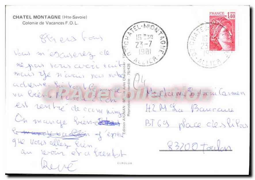 Châtel-Montagne — Colonie de Vacances F.O.L. — Édition AIGNAN — Verso