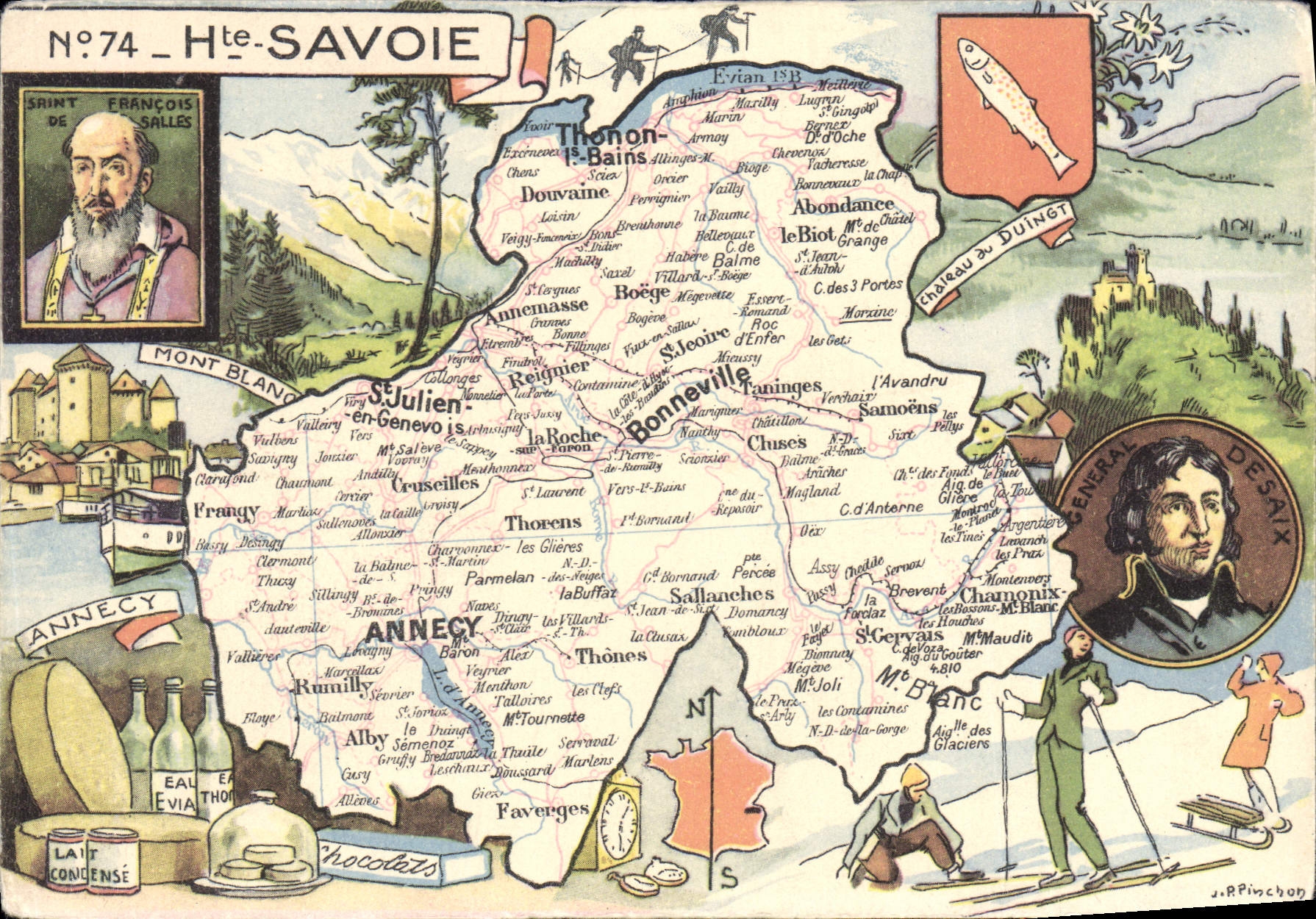 Haute-Savoie — Carte touristique avec cartes, personnages et produits locaux — J. Pinchon