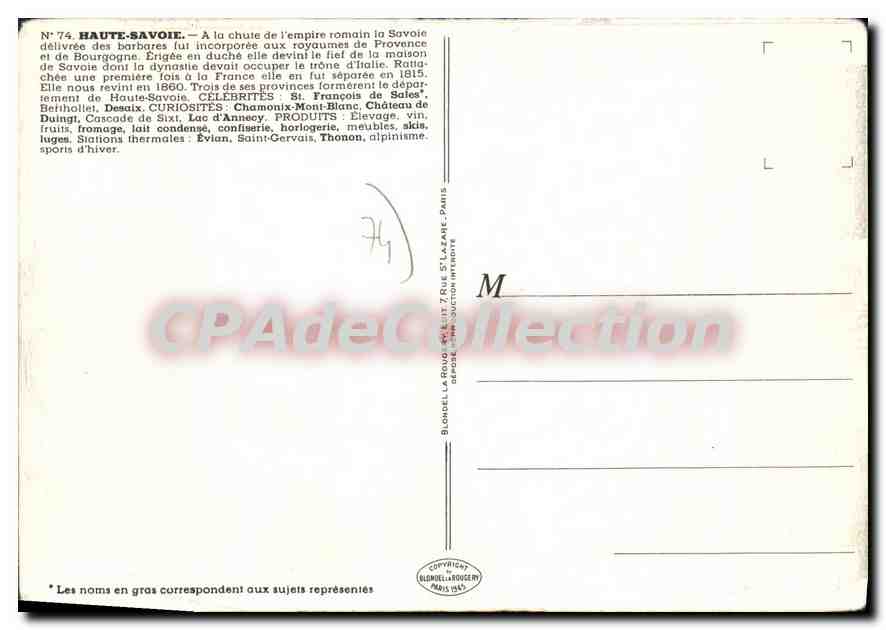 Haute-Savoie — Carte touristique avec cartes, personnages et produits locaux — J. Pinchon — Verso