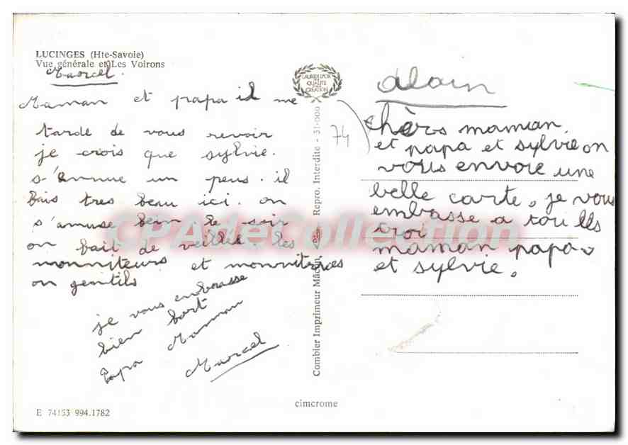 Lucinges (Haute-Savoie) — vue générale et les Voiron — éditeur Cambier Imprimeur Médecin — Verso