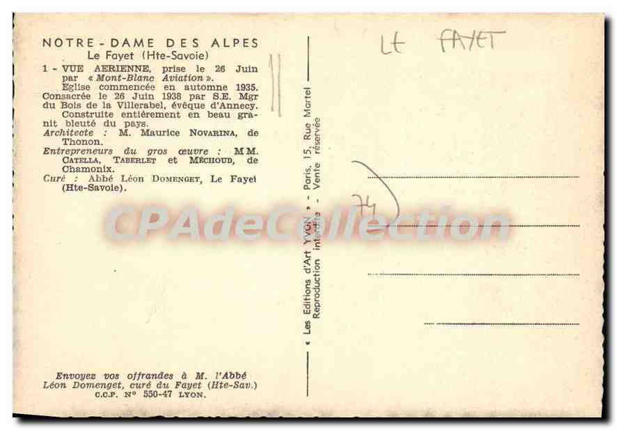 Kirche Notre-Dame des Alpes — Le Fayet (Haute-Savoie) — Luftbild vom 26. Juni 1935 von « Mont-Blanc Aviation » — Rückseite