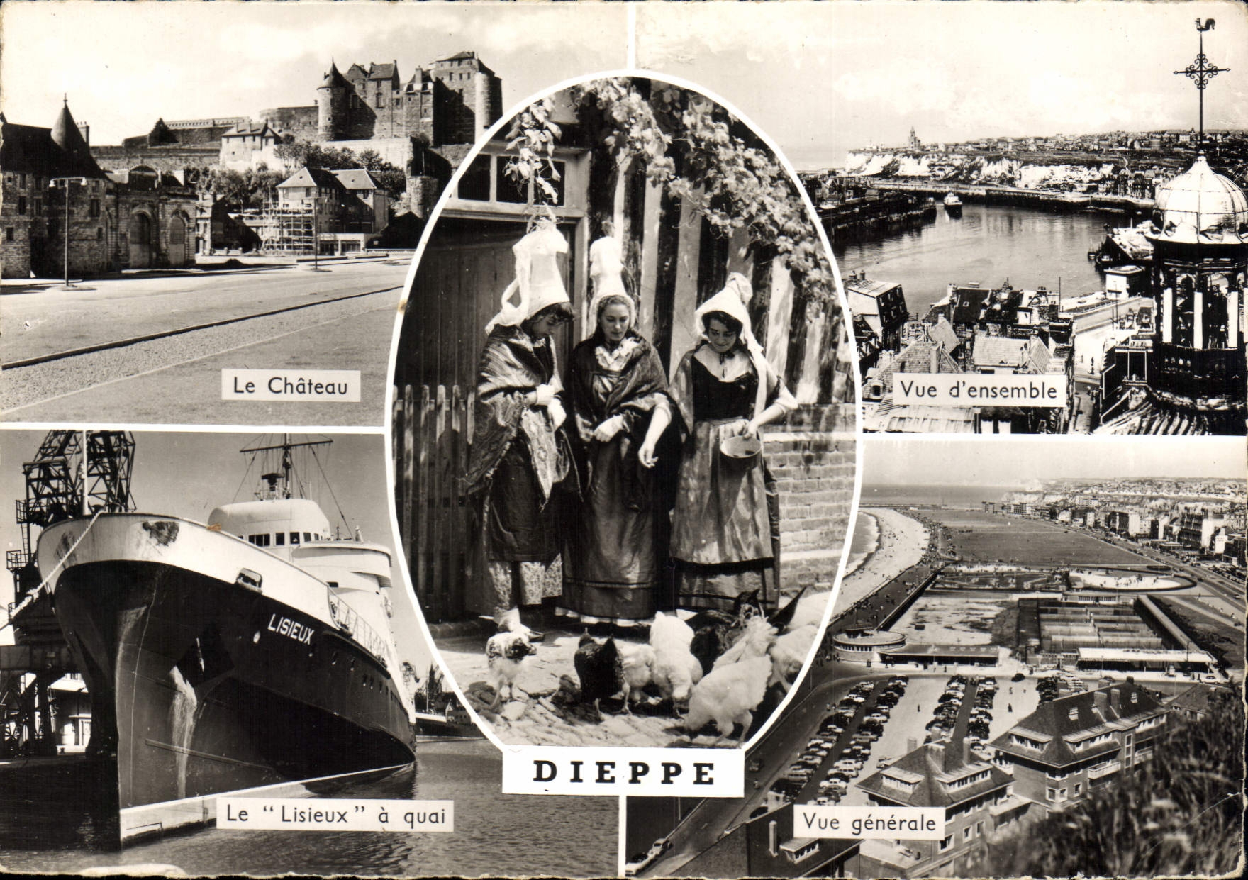 Dieppe — Vue d'ensemble, Le Château, Le "Lisieux" à quai, femmes en costume traditionnel — Éditions Gaby - Anverso